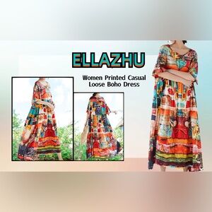 (B1) NWOT Ellazhu Red Multi Oversized Printed Boho Casual Dress S -XL OS
